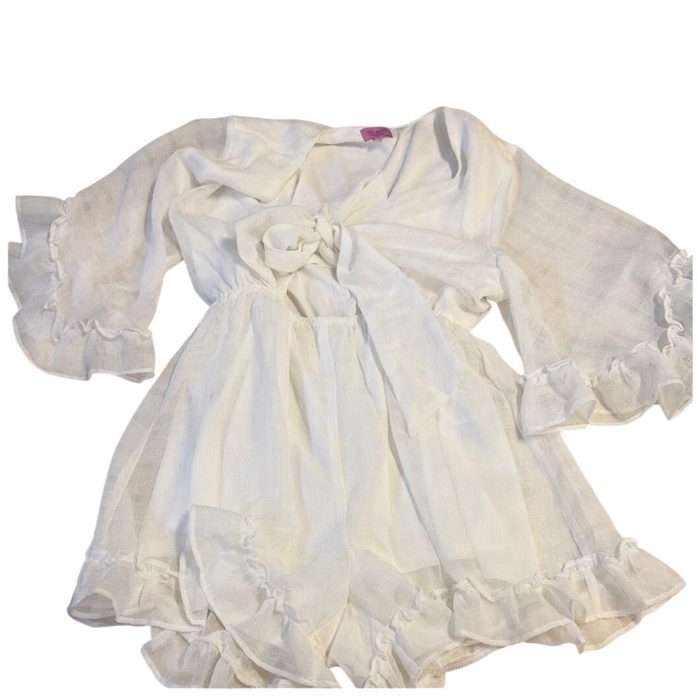 White Tie Front Ruffle Romper Bell Sleeve‎ Linen Blend Summer Beach Playsuit